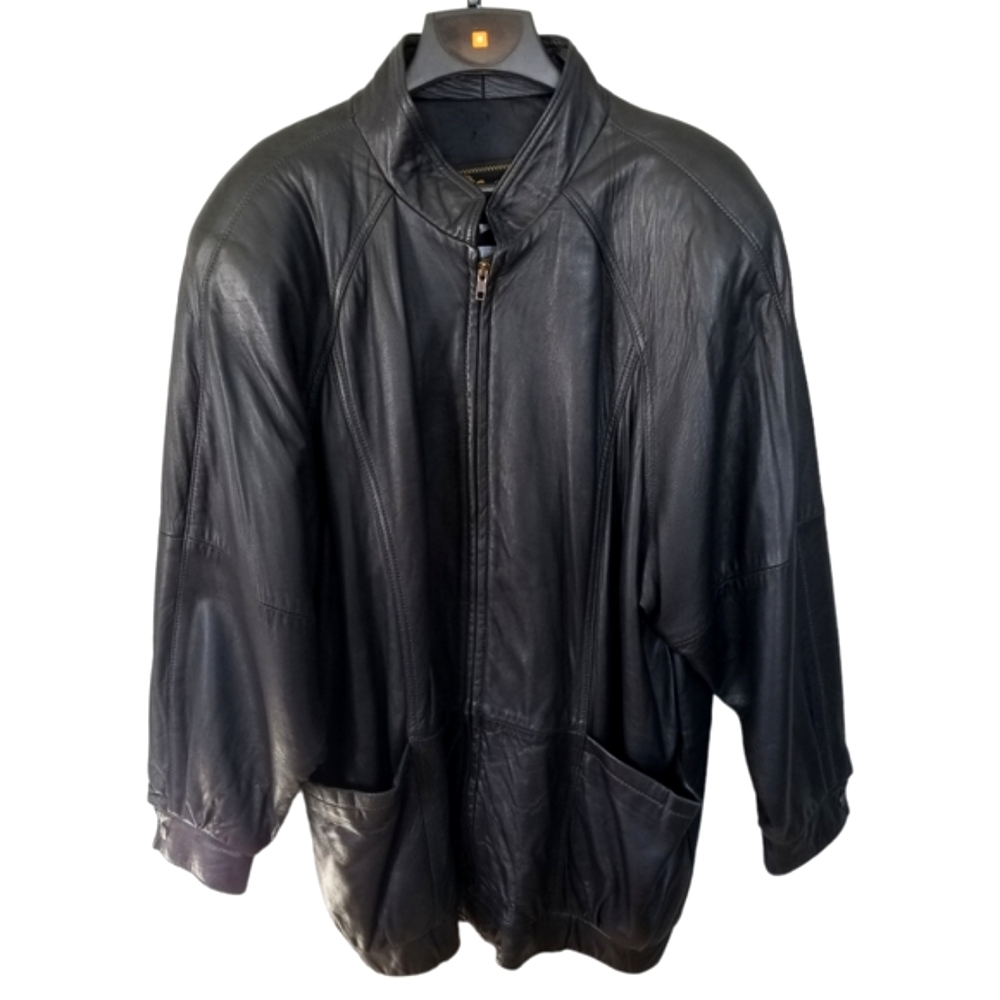 Reed Sportswear Mens Leather Coat Bomber Biker Jacket Black Zip Up Lined Vintage